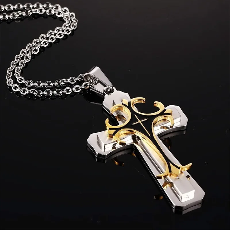 

Three-layered Cross Necklace Chain Men Byzantine Gold Silver Tone Catholic Crucifix Pendant Male Punk Rock Necklaces Pendants