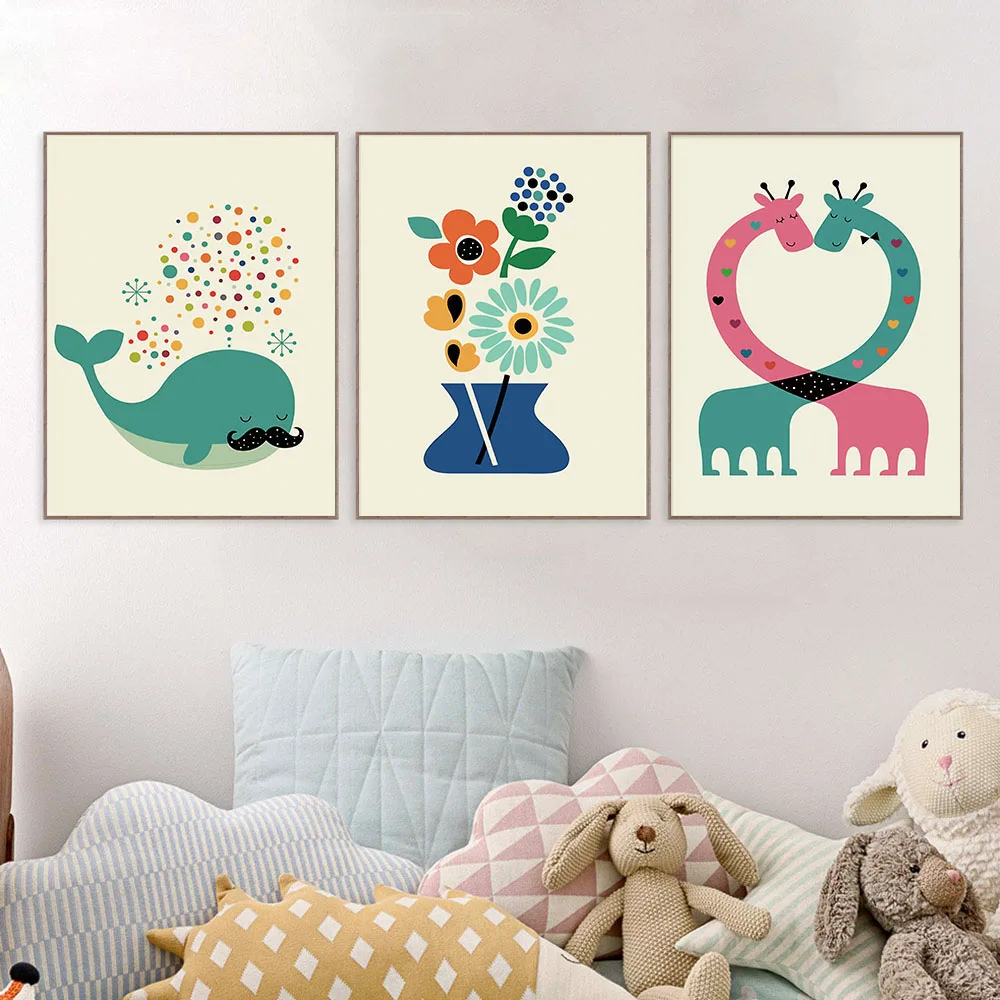 Фото Постер в скандинавском стиле с изображением животных из мультфильмов слон жираф
