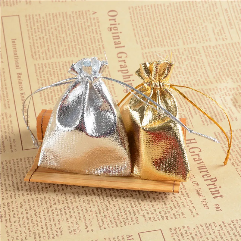 

Drawstring Bag 9*12cm Organza Pouch Bags Gold Silver Jewelry Organizer Packaging Satin Christmas Wedding Gift Bag 100Pcs