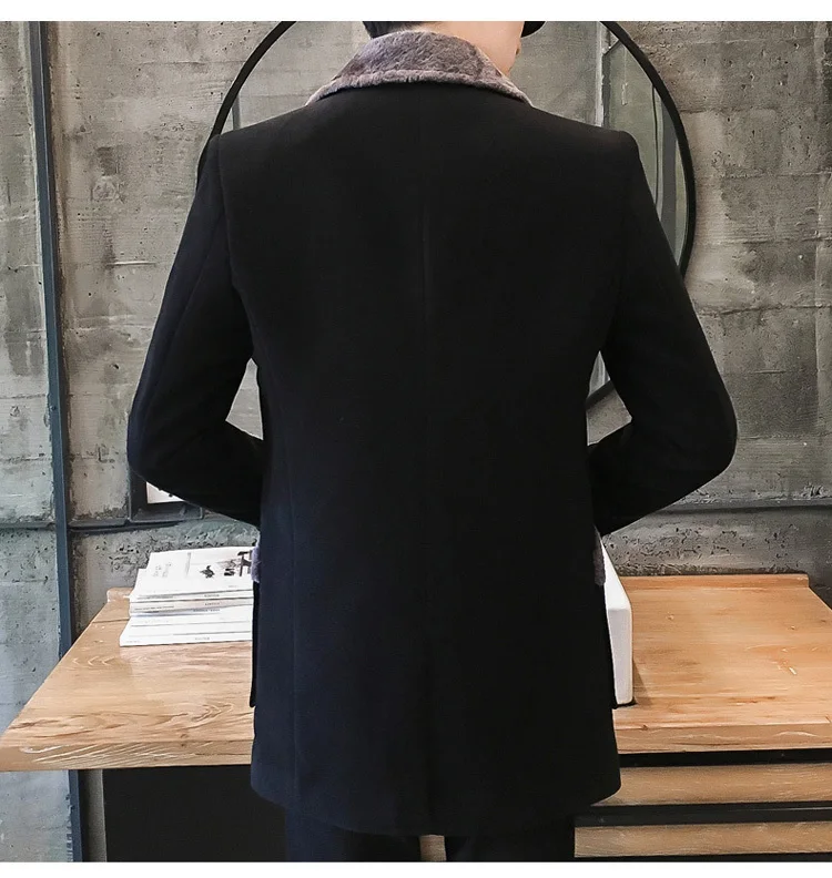 Меховой воротник Тренч Для мужчин из смесовой шерсти зимнее пальто Slim Fit Для мужчин манто Homme средней длины черный серый Для мужчин S Тренч синий 4xl 5xl