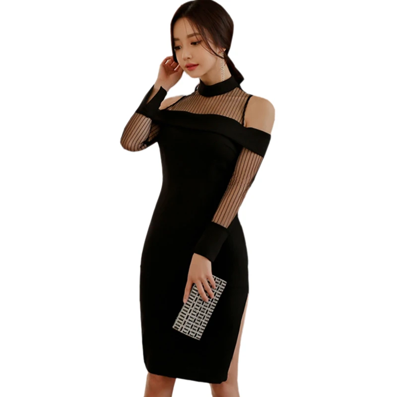 

Elegant Women Dress 2018 Spring Dress Fashion Mesh Strapless Long-sleeved Ladies Dresses