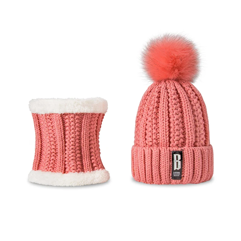 Pink Fashion Pompoms Women Winter Hat Scarf Set Girls Boys Warm Knitted Caps Scarves Men Female Sets 2 Pieces Unisex Hats Scarves - Цвет: Pink