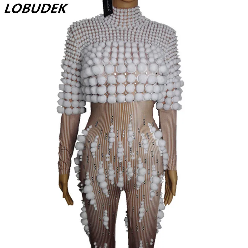 

Sparkly Crystals White Furry Ball Long Sleeve Jumpsuit Female Singer Elastic Stage Outfit Nightclub DJ Pole Dancing Show Costume