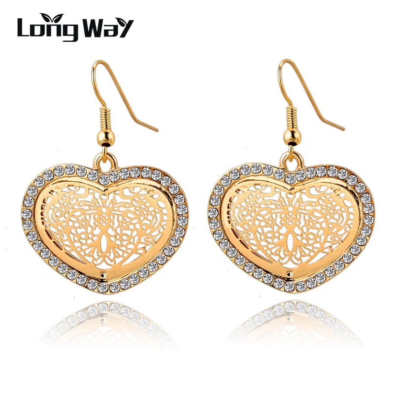 

LongWay Gold Color Drop Earrings For Women Pendientes Austrain Crystal Brincos Statement Wedding Big Heart Earrings SER140390
