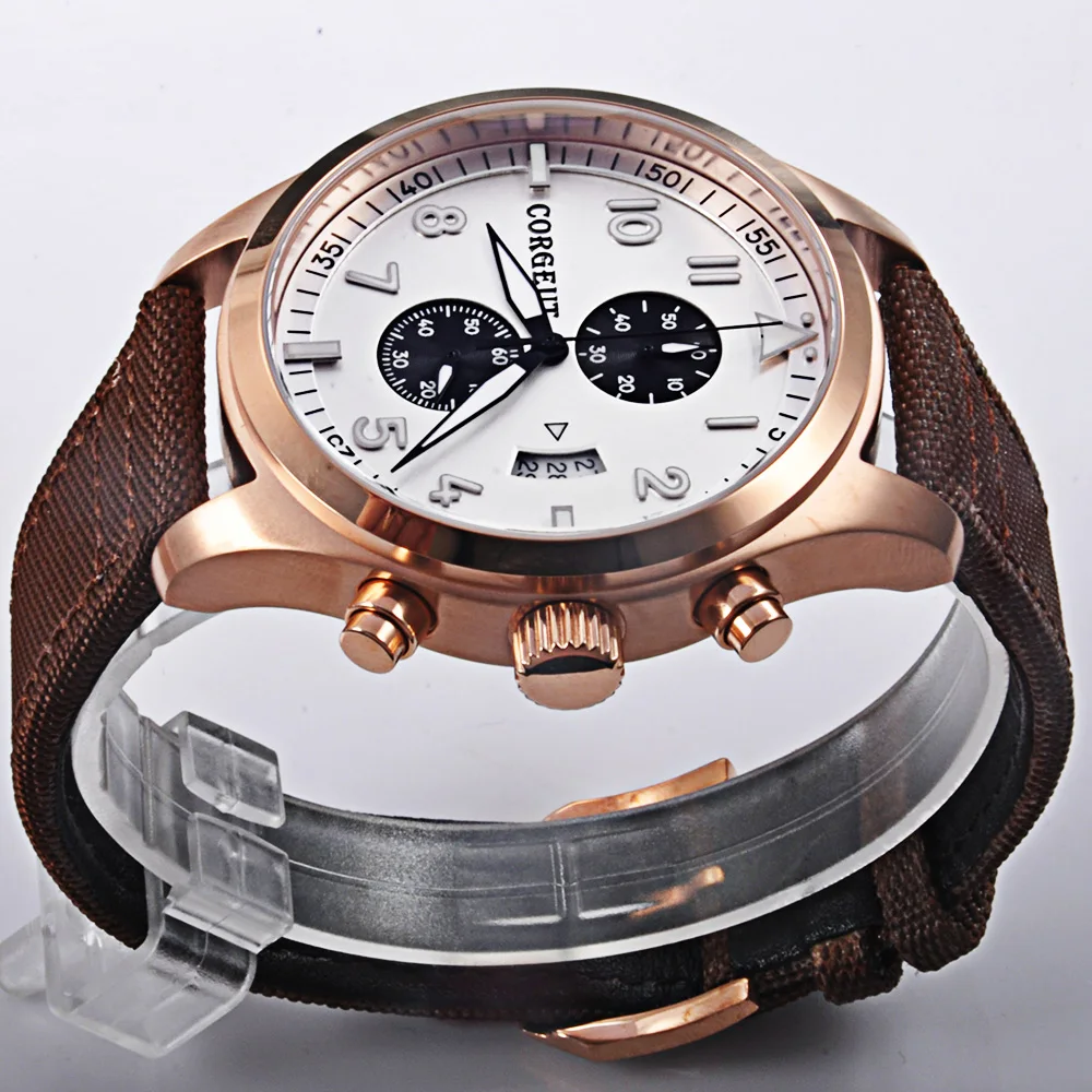 Corgeut 46 мм белый циферблат rosegold PVD чехол Полный Хронограф Мужские кварцевые наручные часы
