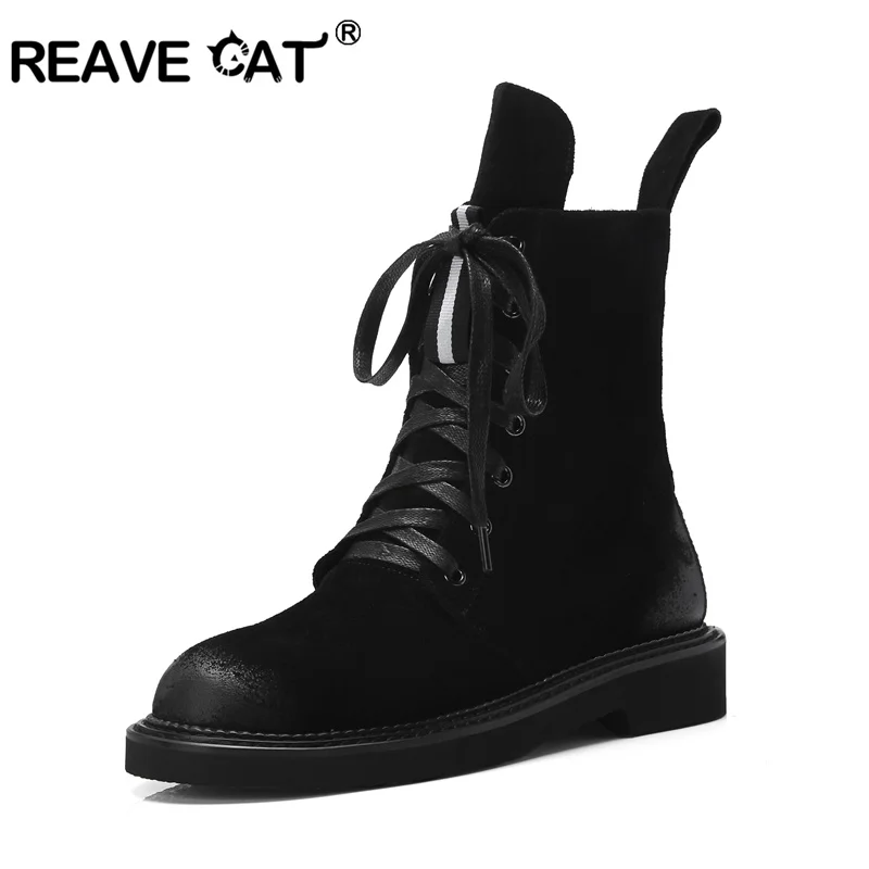 Женские замшевые ботильоны REAVE CAT зимние черные ботинки на плоской подошве 3 см со