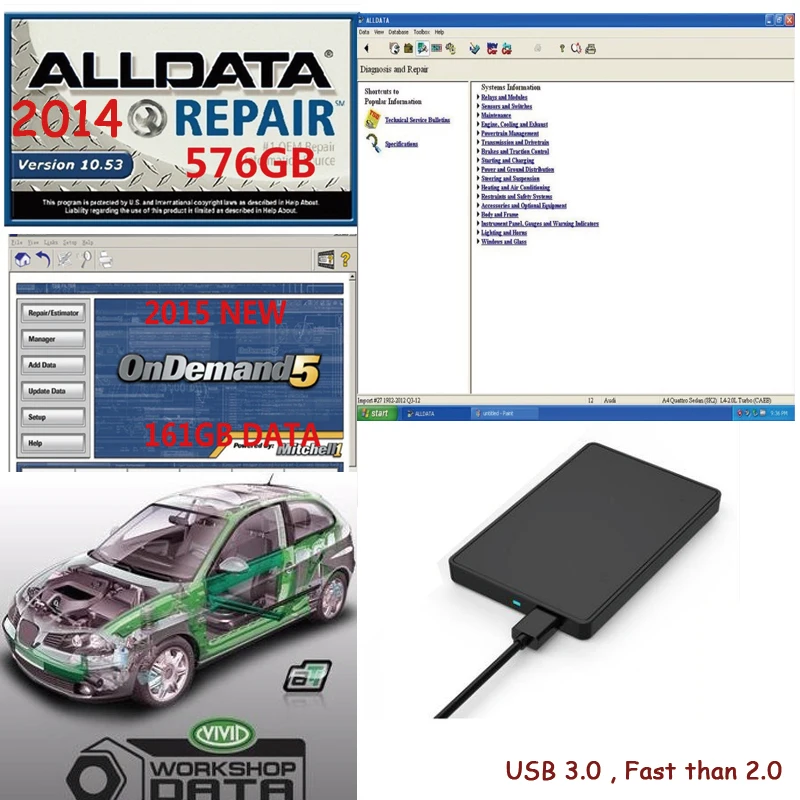2020 новейший ремонт автомобиля Alldata программное обеспечение V10.53 2015 Mit/chell OD5 usb 3 0