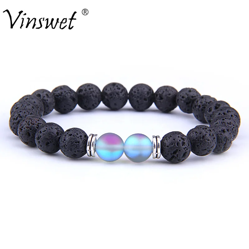 Натуральный черный вулканический камень бисер браслет для мужчин модные женские