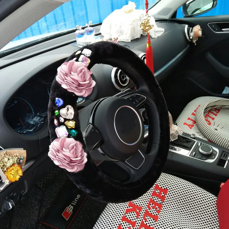 Модный зимний плюшевый Меховой чехол рулевого колеса автомобиля с розовыми