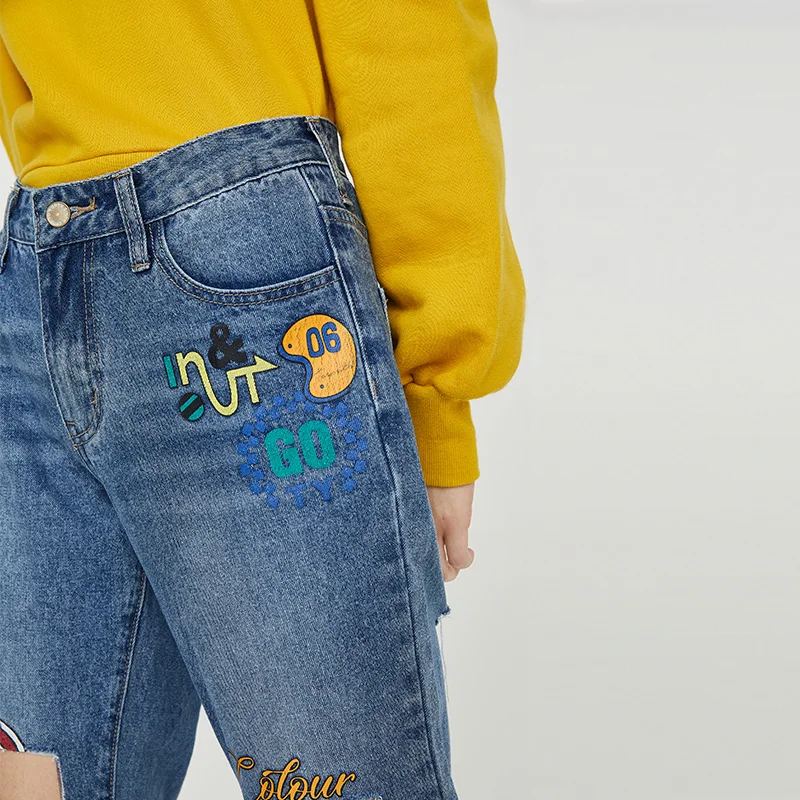 Toyouth Slim Ripped Pencil Denim Pants H Type Mid Waist Asymmetrical Straight Jeans Skinny Femme Tight Button Casual | Женская одежда