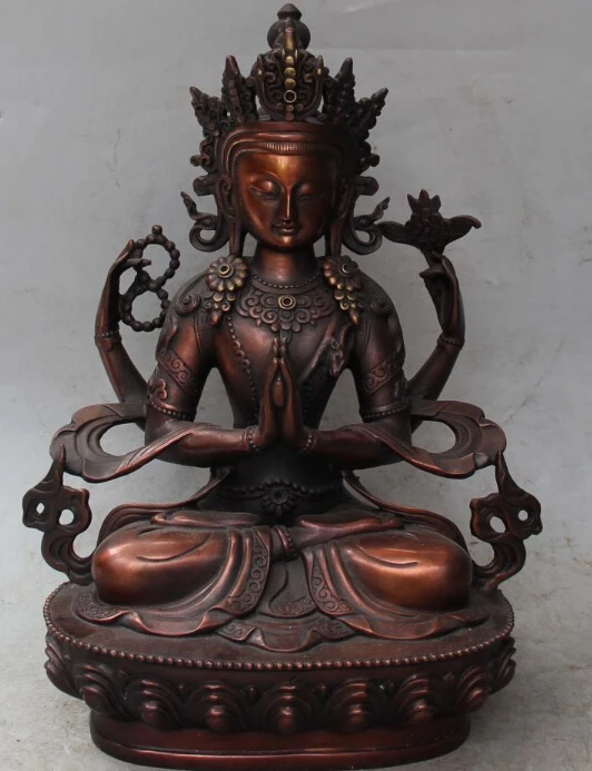 Estátua de Buda Bronze Chinês 4 Mãos Braços Chenrezig Avalokiteshvara 30cm – 28cm 21cm 8 11 12