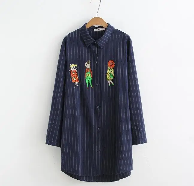 2018 spring cartoon embroidery striped Single-breasted long shirt blouse |