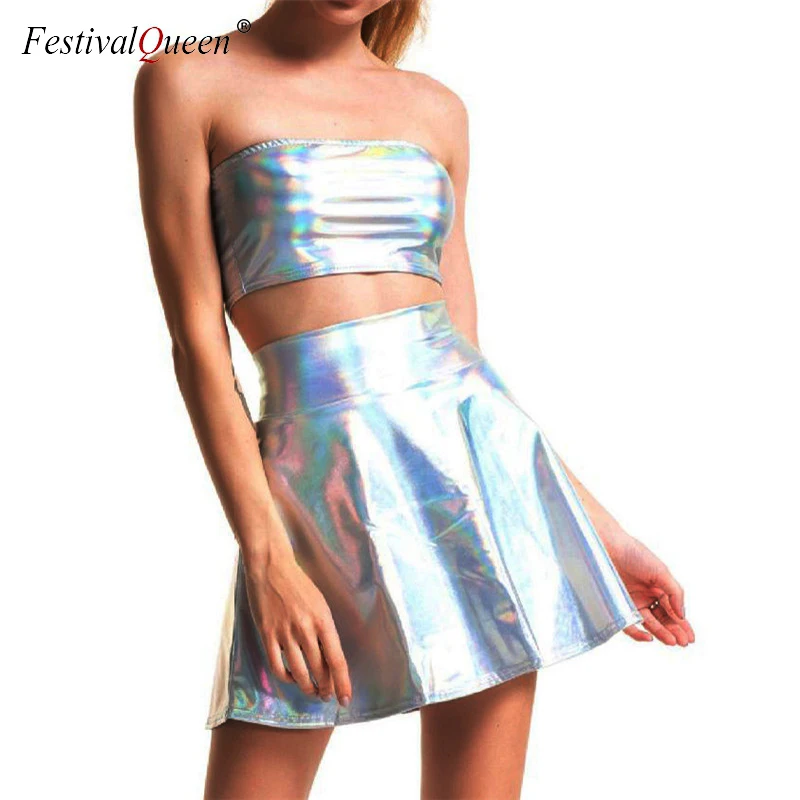 Блестящий серебристый голографический сексуальный топ труба мини юбка комплект