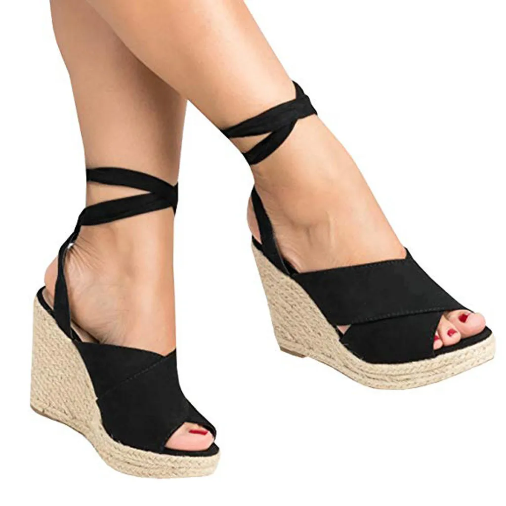 

Summer Women High Heels Wedges Sandals Gladiator Fashion Open Toe Wedges Thick Bottom Lace-Up Flock Sandals Women Roman Sandals