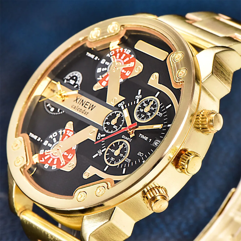 XINEW негабаритных часы для мужчин Dual Time Роскошные с большим лицом кварцевые часы брендовые оригинальные наручные часы Relogio Masculino Ouro Luxo Marca