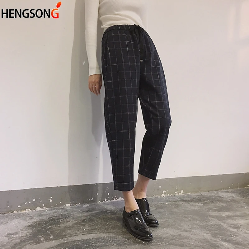 HENGSONG 2020 Харадзюку клетчатые шаровары эластичные девушки талии Bodycon Брюки Мода