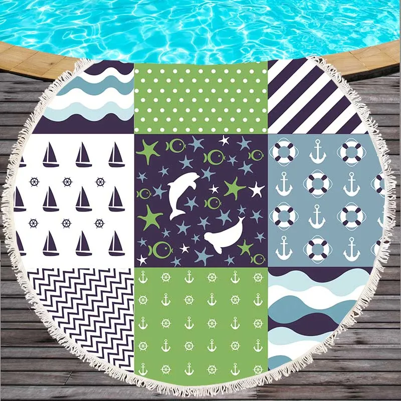 150*150cm Round Beach Towel With Tassels Microfiber Bath Handfeel Soft Sea Anchor Flower Pineapple leopard flamingo print | Дом и сад