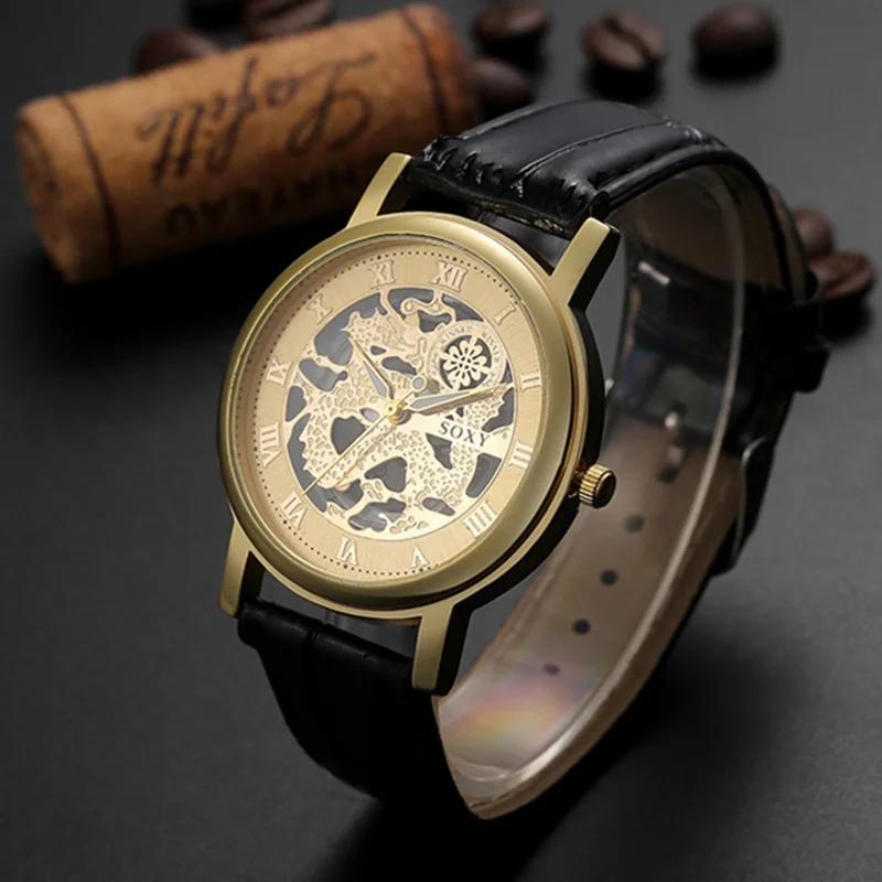 

SOXY Luxury Brand Watch Men Hollow Out Skeleton Dial Quartz Watches Leather mens Wristwatch Hombre Hour saati masculine relojes