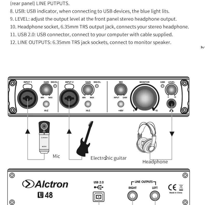 Alctron U48 портативный двухканальный USB внешняя звуковая карта аудио интерфейс хорошая совместимость для прямой трансляции студийной записи
