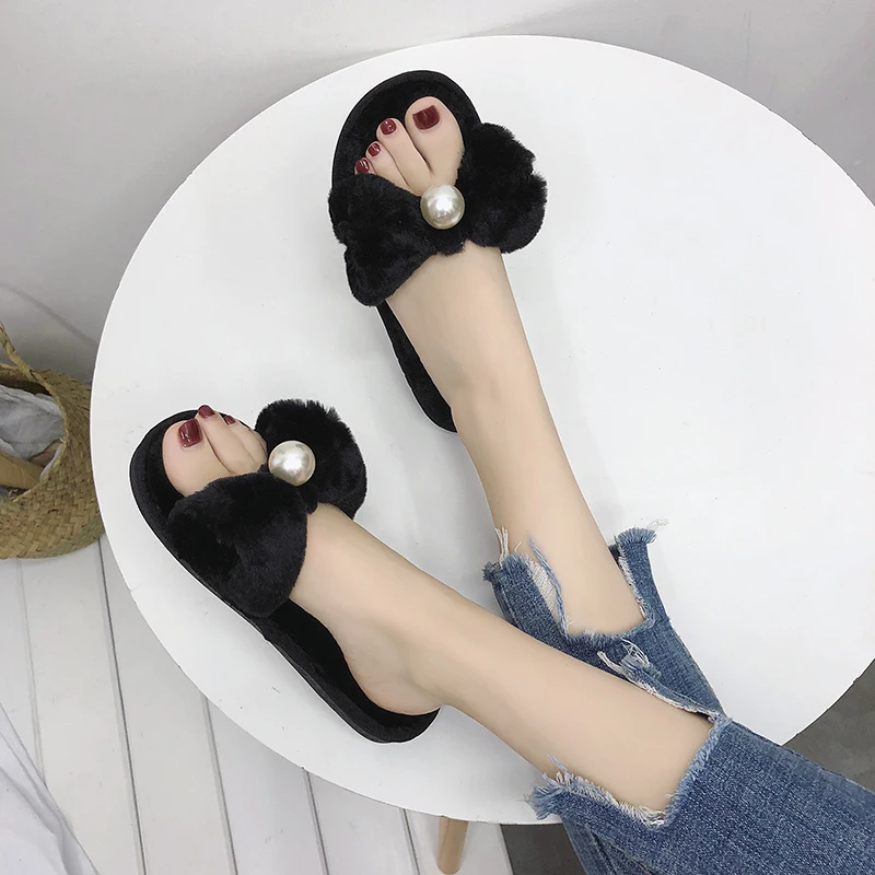 Открытый носок слайды пушистый Бабочка узел Лоферы жемчуг меховые тапочки