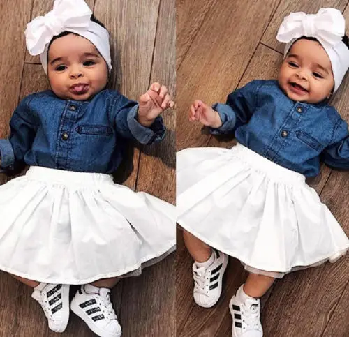 Одежда для малышей Малыш Девушки с длинным рукавом джинсовая футболка Тюлевая