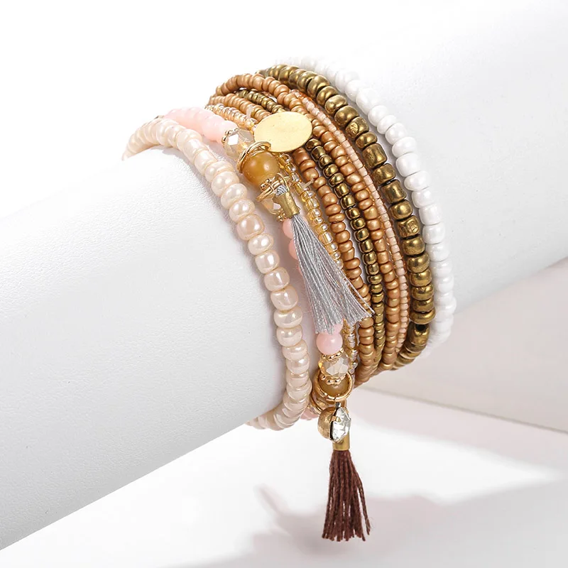 

Bohemian Multilayer Crystal Seed Bead Bracelet Sets 9Pcs/Lot Beads Tassel Elastic Bracelets Bangles Set for Women Girl Gifts