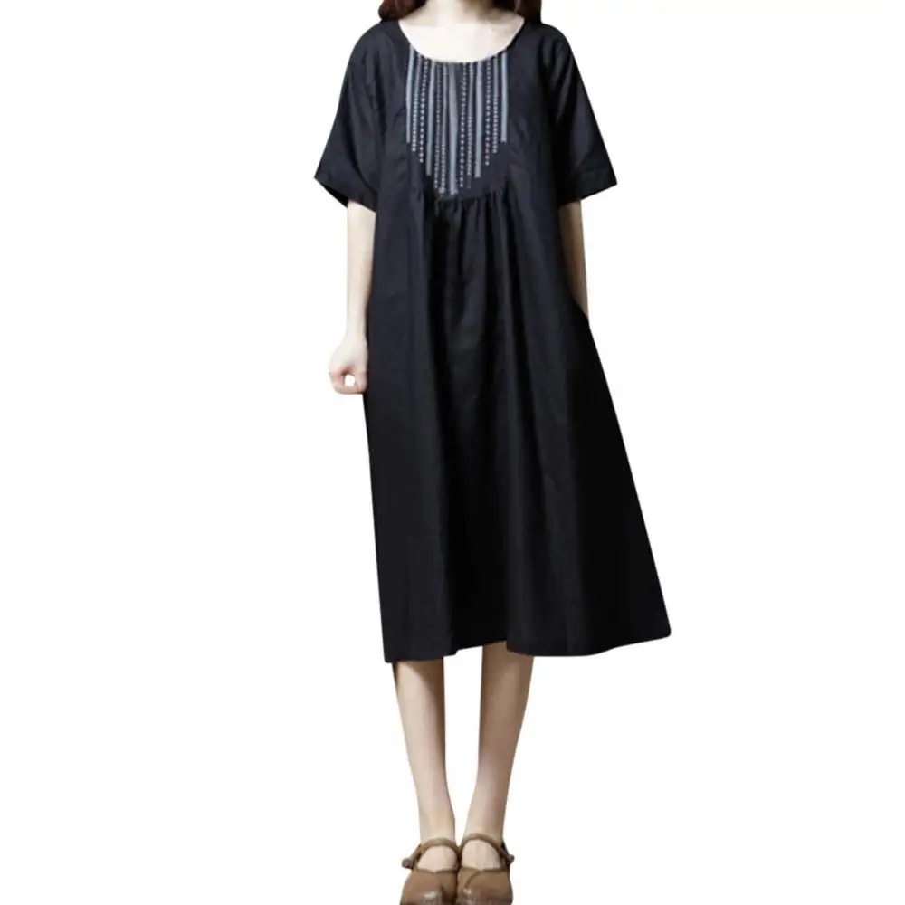 Женское льняное платье с винтажным принтом Повседневное средней длины коротким