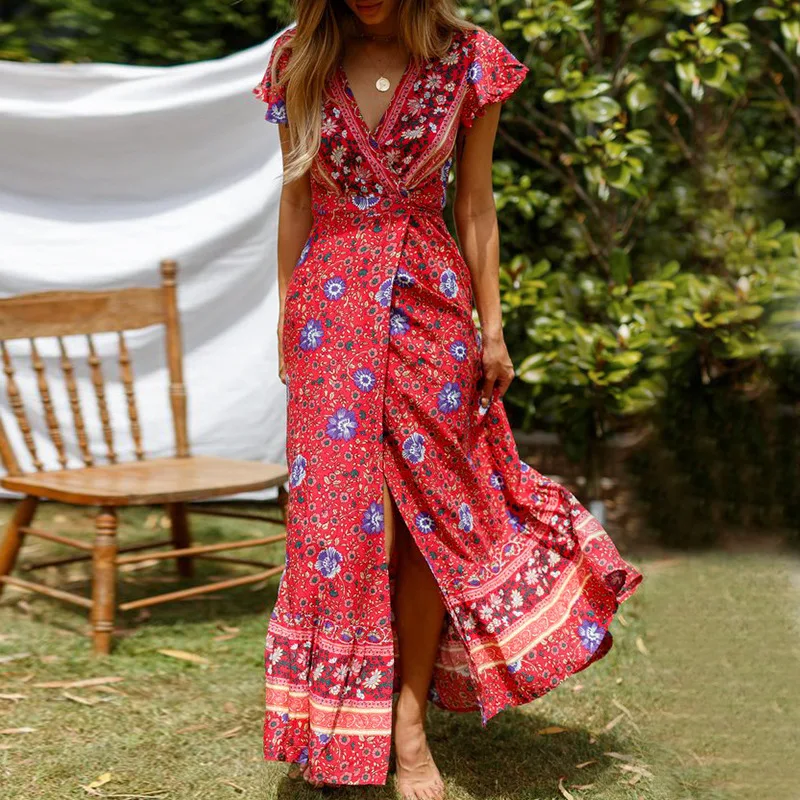 Женское сексуальное платье с V образным вырезом и высоким разрезом Boho Летнее