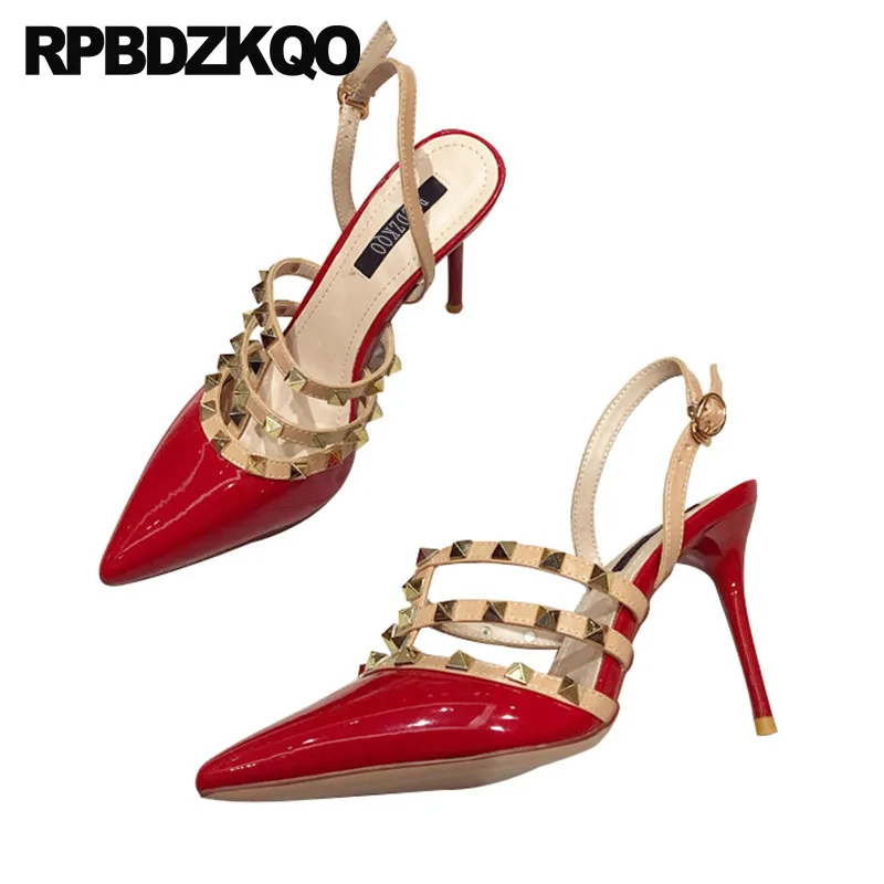 

Closed Toe High Heels Red Rivet Designer Pumps Women Stiletto Pointed Stud Shoes Slingback Spring Sandals Patent Leather