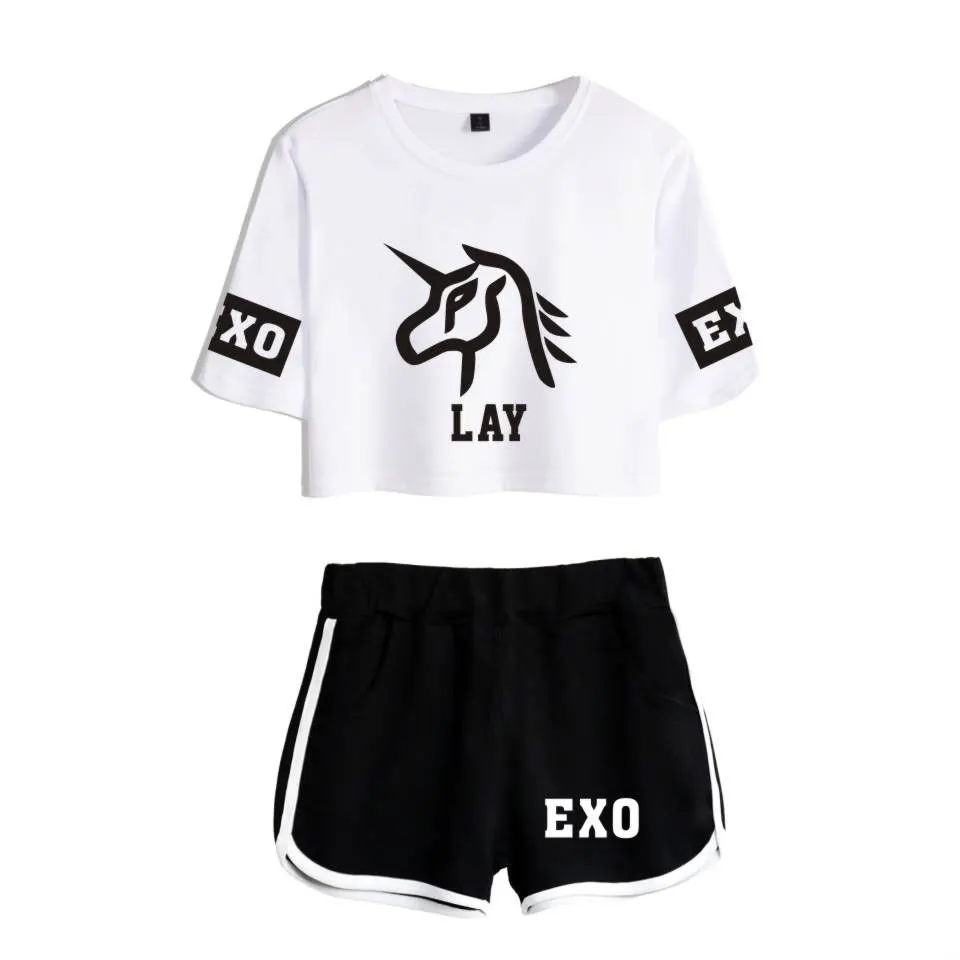 EXO 2018 Cool Casual Two Piece Set Women T shirt Kpop Fashion Print Suit Summer Sexy Cotton Crop Tops + Shorts Pants |