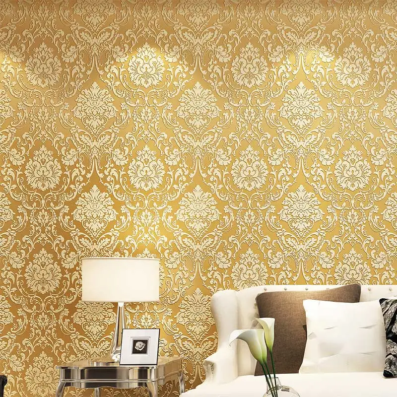 

European Luxury Damascus Glitter 3D Embossed Flocking Non-woven Room Wallpaper Metallic Floral Textured Mural Wall Paper Roll 3D