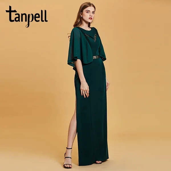 dark green Tanpell Мода Плюс Вечерние платья Охотник Совок линия Длина пола платье шифон половинные рукава кружева длинное вечернее платье - Цвет: dark green