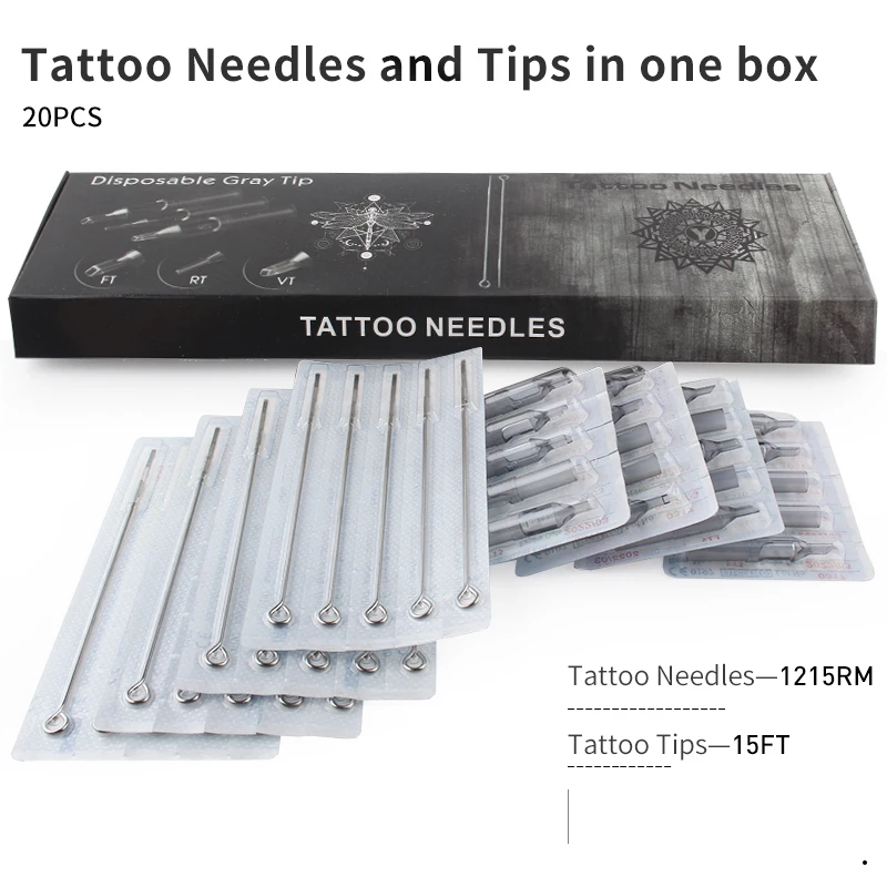 

(RM+FT) Professional Tattoo Needle RM & Disposable Plastic Tattoo Tips FT With BoxTattoo Needles and Gray Tips Mixed 40PCS