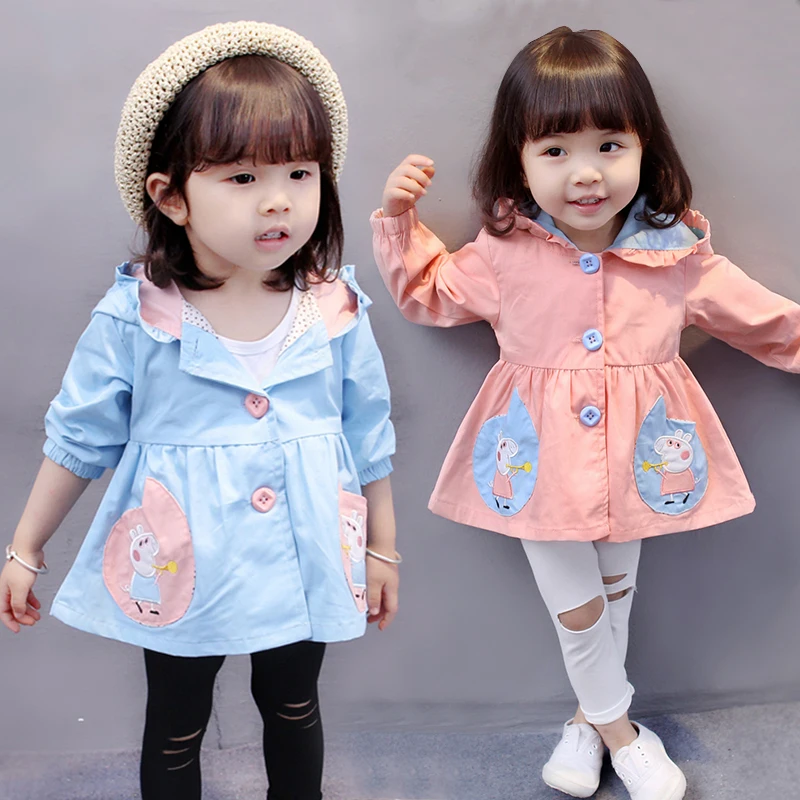 

2017 New Kids Girls Trench Coat Children Long Sleeve Outwear Kids Jackets Fashion Overcoat Cute pig decoration windbreaker