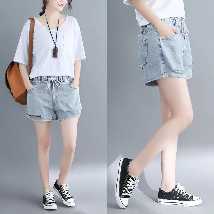 Summer Women Shorts Denim Hole Elastic Waist Bleached Casual Vintage Female Cowboy Wild Fashion | Женская одежда