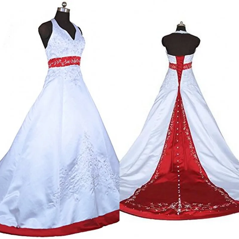 

Vintage Bride Dress Halter A Line Embroidery White and Blue Satin Retro Wedding Dress M170717-3