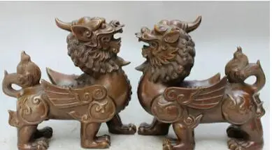 Китайский Чистая Бронзовый Гардиан Foo Фу Собака Fly Лев PiXiu Единорог зверь Статуя