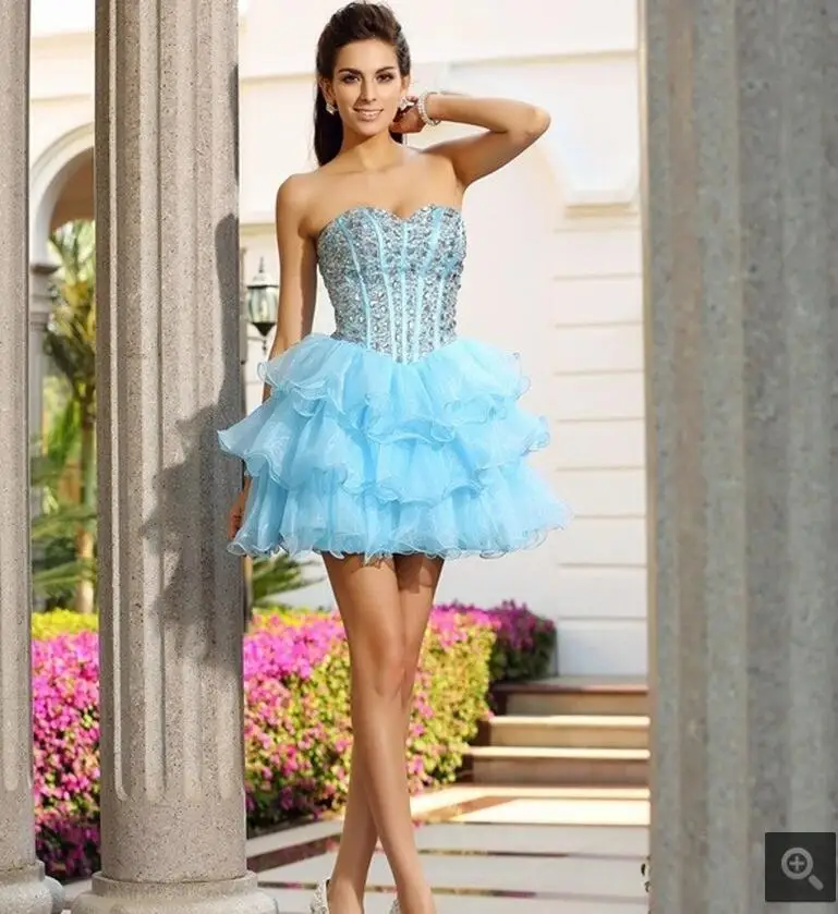 2017 платье для выпускного со стразами небесно голубое многослойное короткий