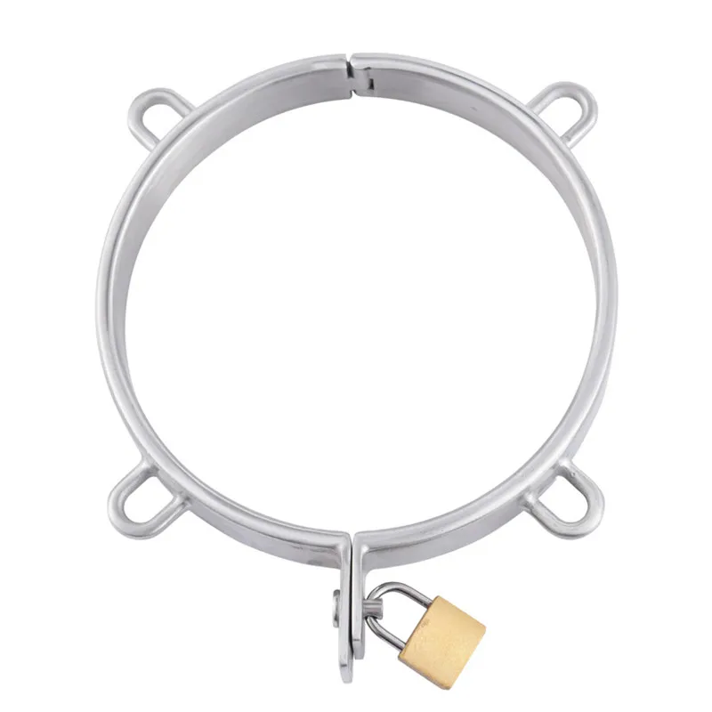 

New Stainless Steel Lockable Neck Collar With 4 Ring Fetish Slave Restraint Bondage Chastity Locking Bdsm Sex Toys For Couples
