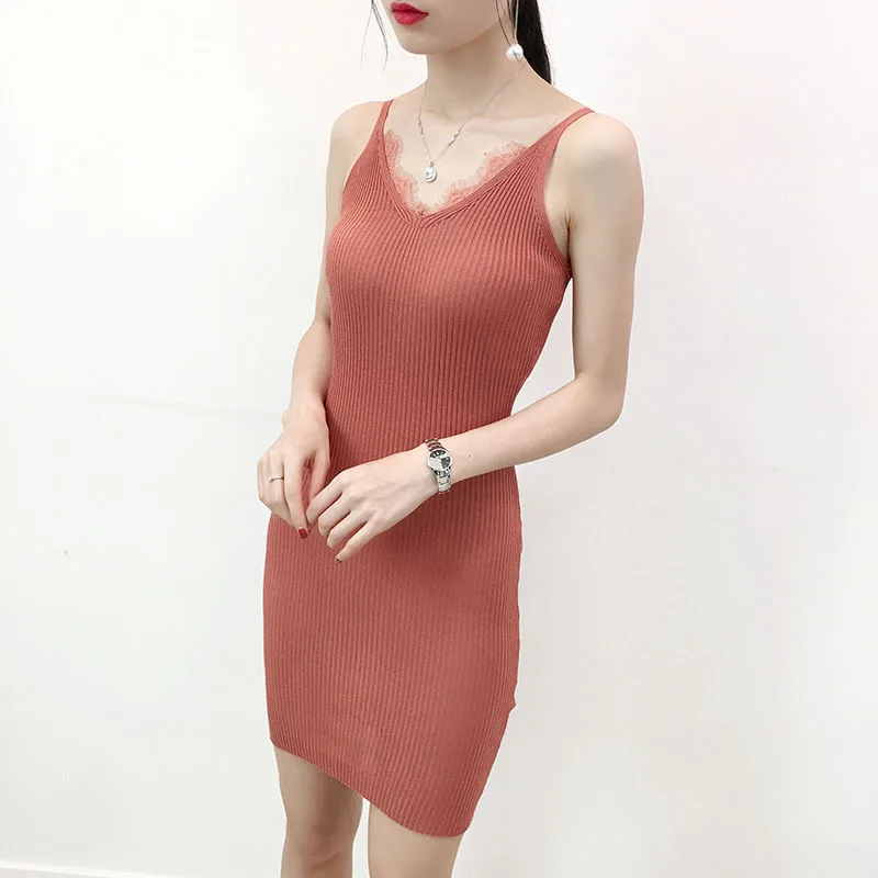 

New Women Spaghetti Strap Dresses Sexy V-Neck Lace Patchwork Knitted Dress Ladies Sleeveless Bodycon Tank Dress Basic Vestidos