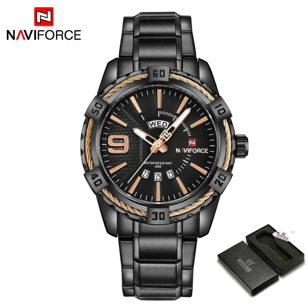 NAVIFORCE брендовые новые мужские спортивные часы, мужские водонепроницаемые аналоговые кварцевые наручные часы, мужские золотые часы с календарем из нержавеющей стали - Цвет: Rose Gold with Box