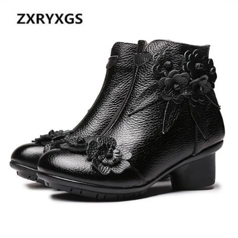 

2022 Fashion Spring Winter Boots Women Shoes Classic Flower Cowhide Leather Boots Non-slip Comfort Warm Ankle Boots Women Boots