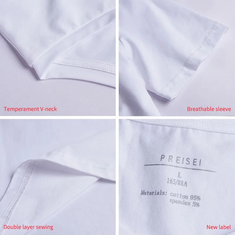 PREISEI футболка Пима хлопковая Футболка женская одежда тонкая Повседневная Camisas Mujer с v-образным вырезом с коротким рукавом Летний Топ белая футболка PV101W
