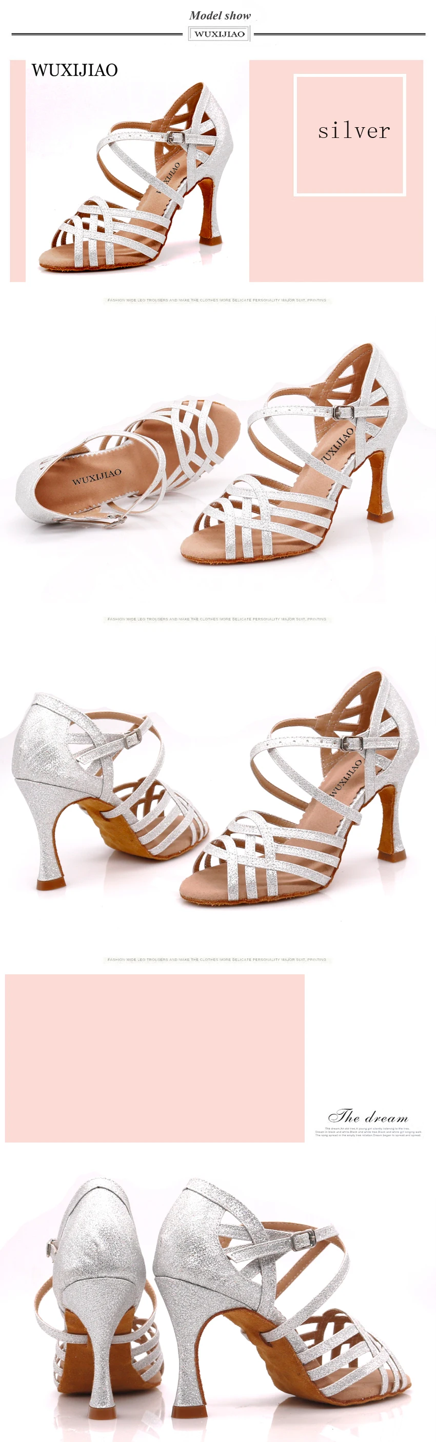 WUXIJIAO Women Party Dance Shoes Satin Shining rhinestones Soft Bottom Latin Dance Shoes Woman Salsa Dance Shoes heel5CM-10CM