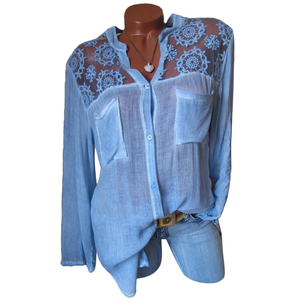 Женская блузка повседневная с длинным рукавом Лоскутная кружевная v образным