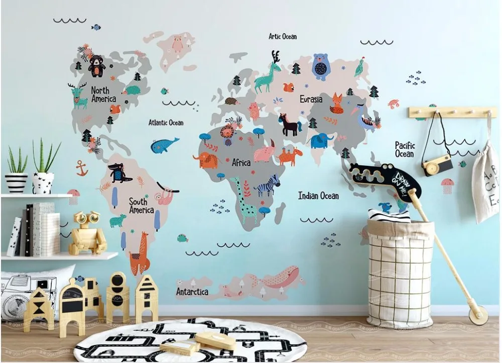 

WDBH custom mural photo 3d wallpaper Cartoon world animal map children's room home decor 3d wall murals wallpaper for wall 3 d