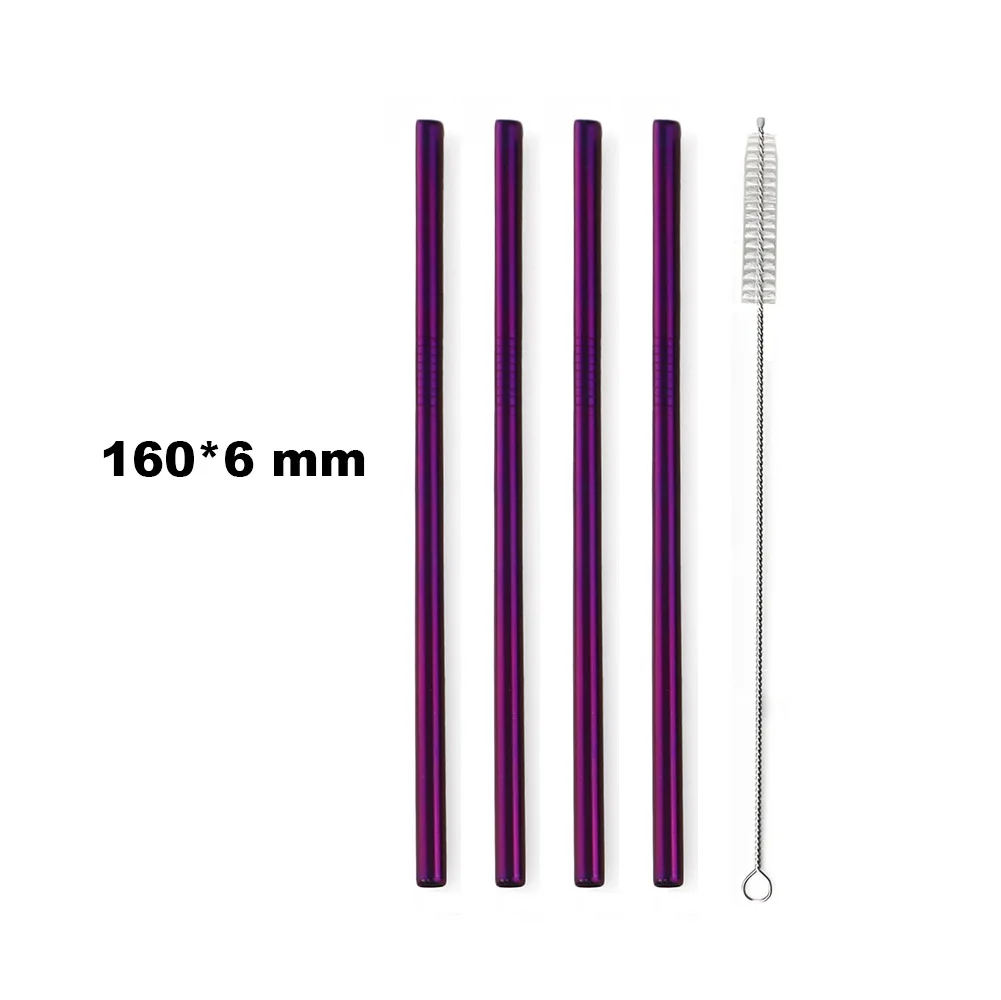 Purple 160mmx6mm Фруктовые соломинки для сока мини 160 мм короткие из нержавеющей стали c радужным металлические соломинки прямой изгиб многоразовые, для питья маленькие 4 соломы 1 prush - Цвет: Purple 160mmx6mm