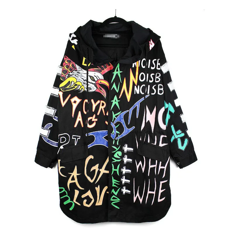 Пламя Печати Письма Граффити Пальто С Капюшоном Хлопка Траншеи Женщина Casaco Весна