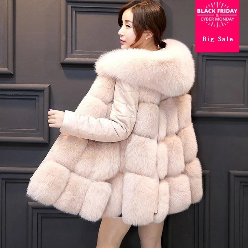 S-XXXL fashion Winter Women's full sleeve Detachable FAUX Fox Fur pu stitching jacket High-quality hooded warm Coat wj939