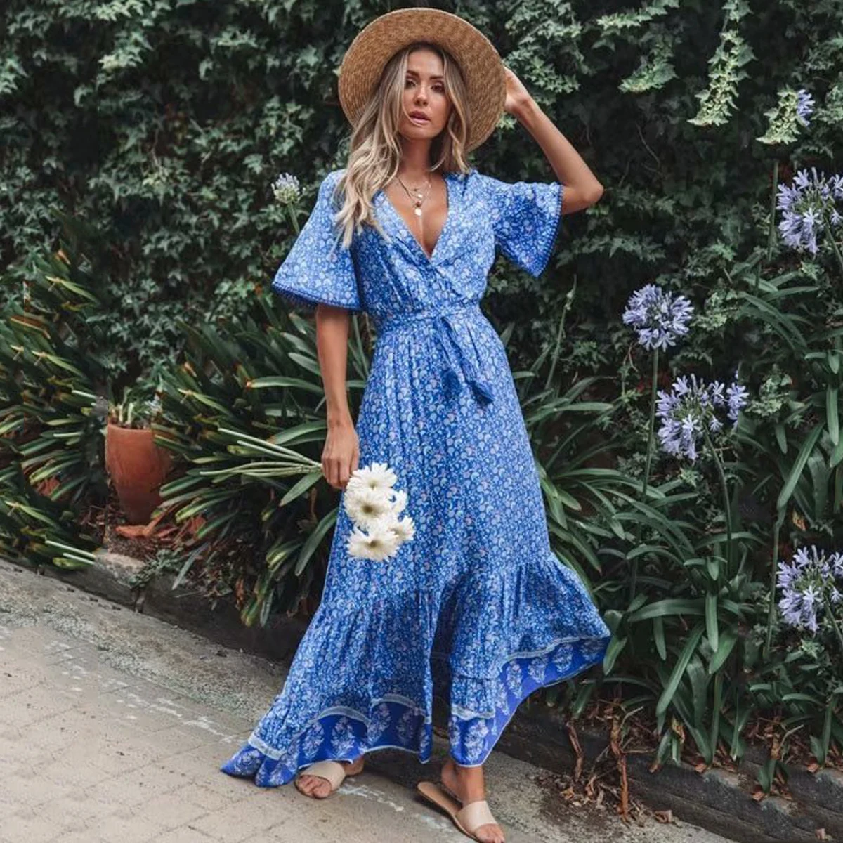 Jastie винтажное платье макси с принтом, с завязками на талии, с рюшами, Boho платья, женские пляжные длинные платья с v-образным вырезом, с коротким рукавом, летнее платье